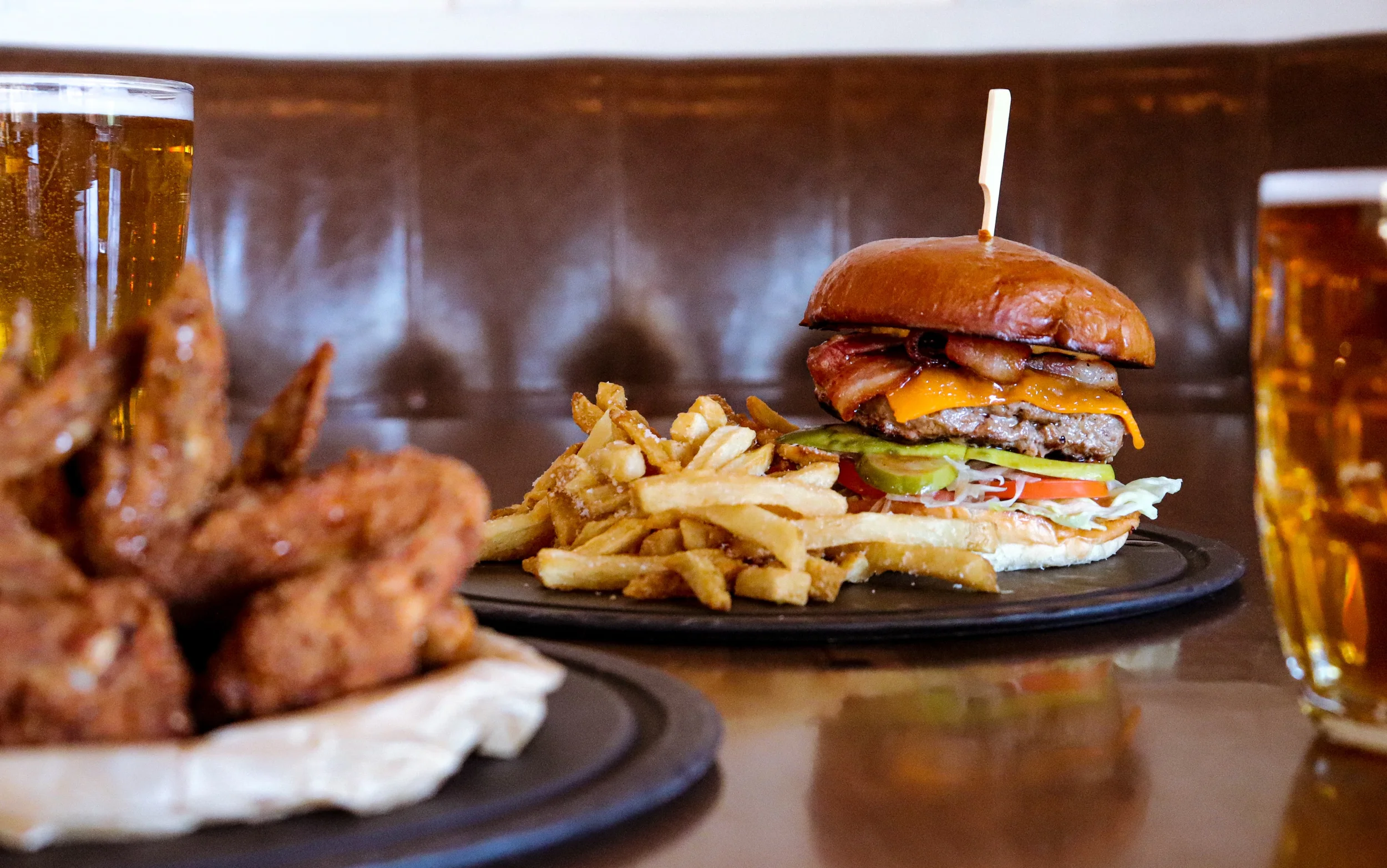 burger and chicken wings